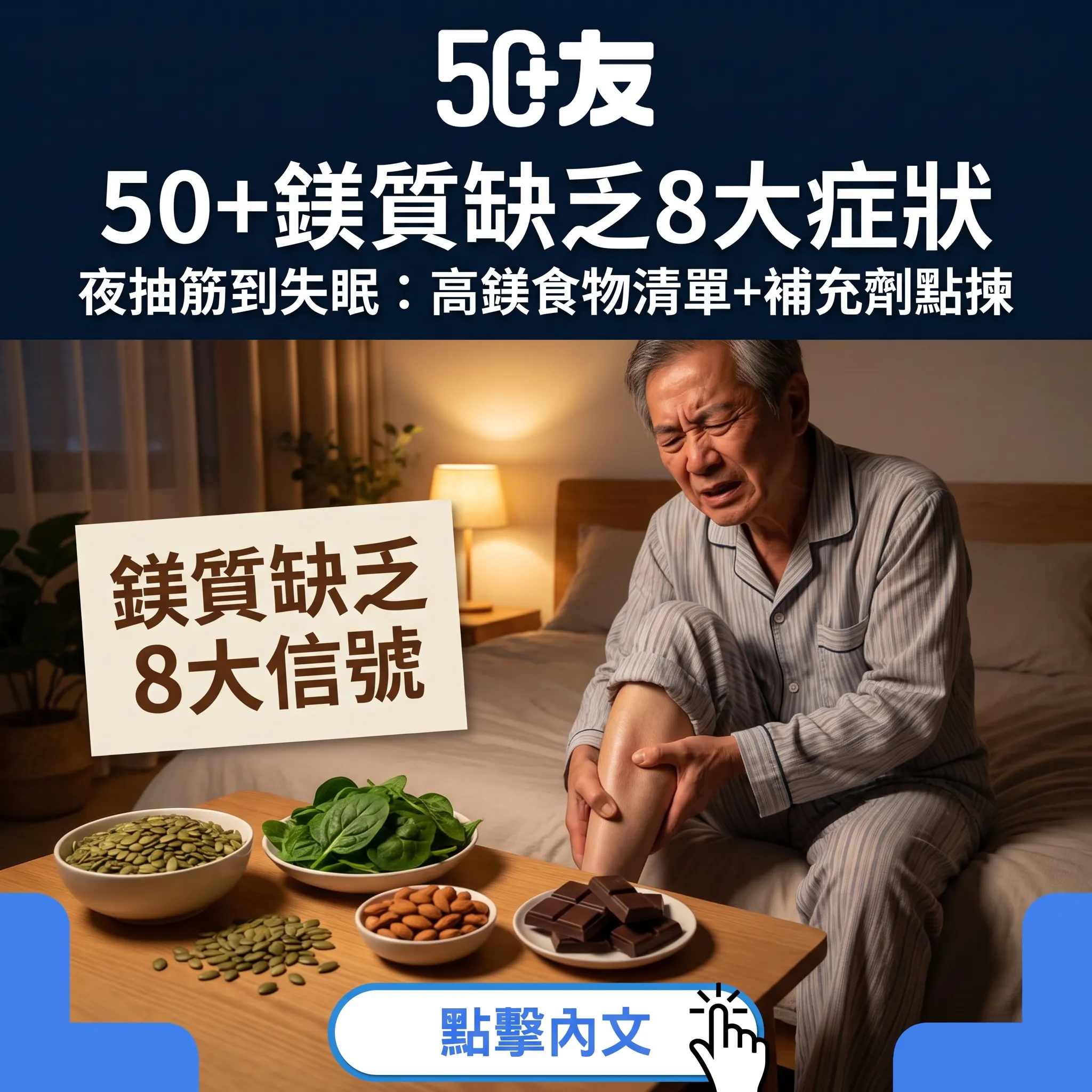 50+鎂質缺乏8大症狀全解析｜夜抽筋到失眠：每日鎂需求+高鎂食物清單+補充劑選購指南