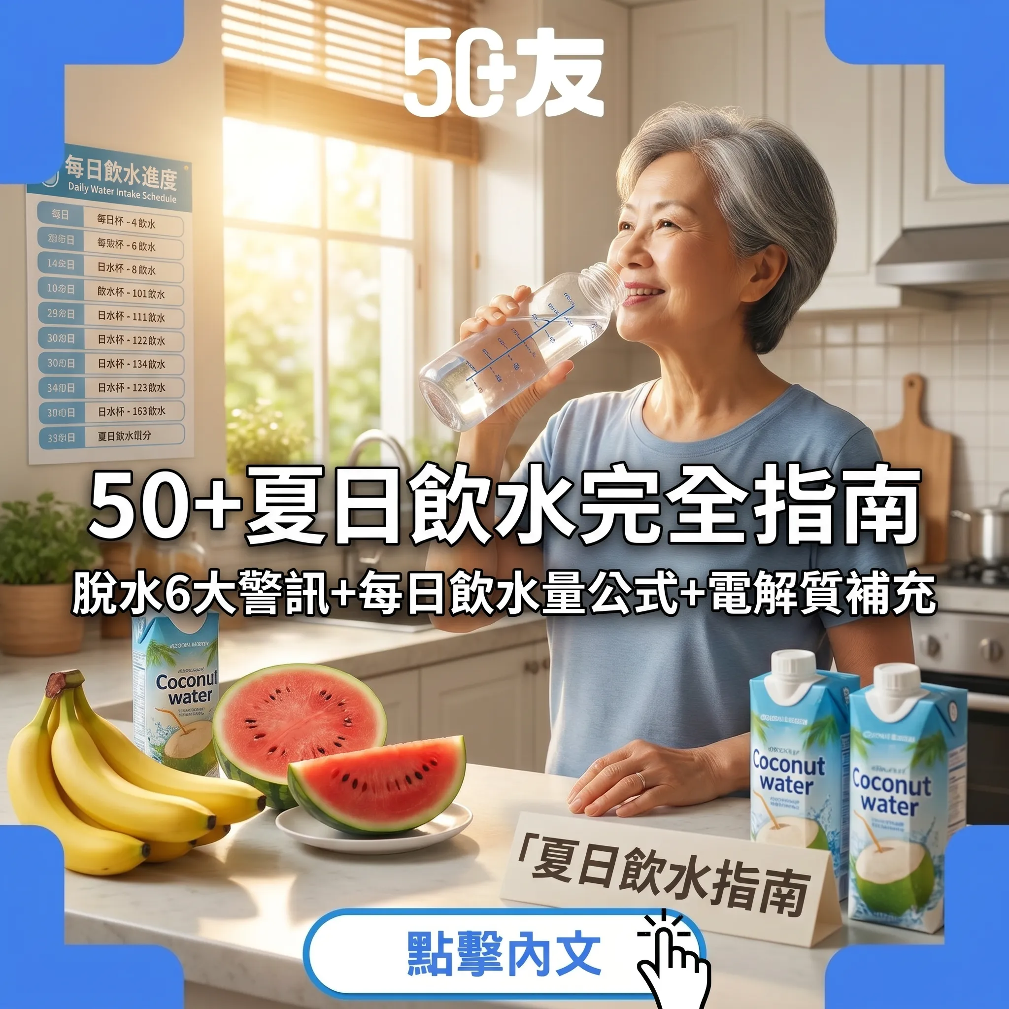 50+夏日飲水完全指南：脫水6大警訊+每日飲水量公式+電解質補充+最佳飲水時間表