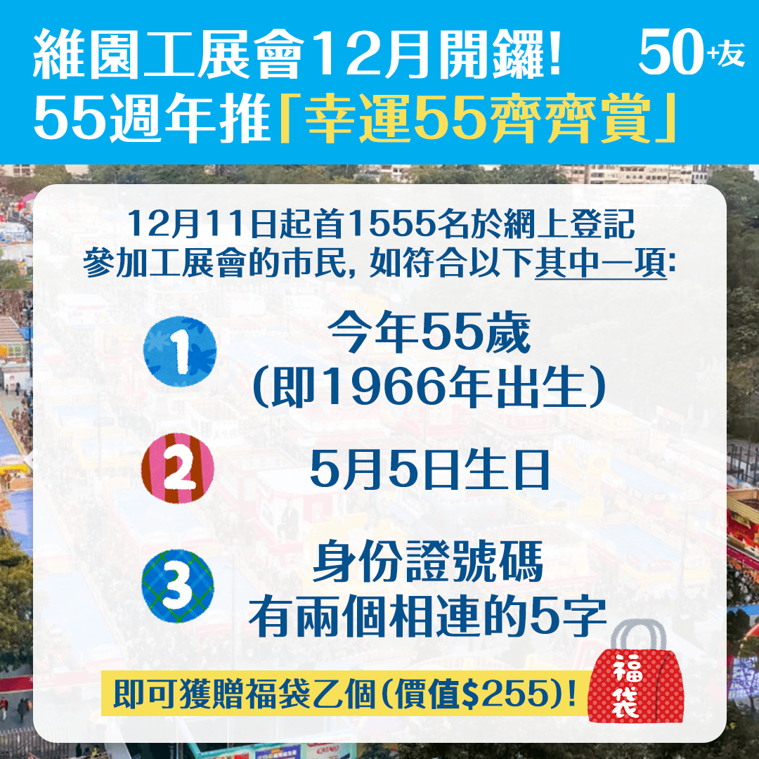 維園工展會12月11日開鑼 55週年推「幸運55齊齊賞」！