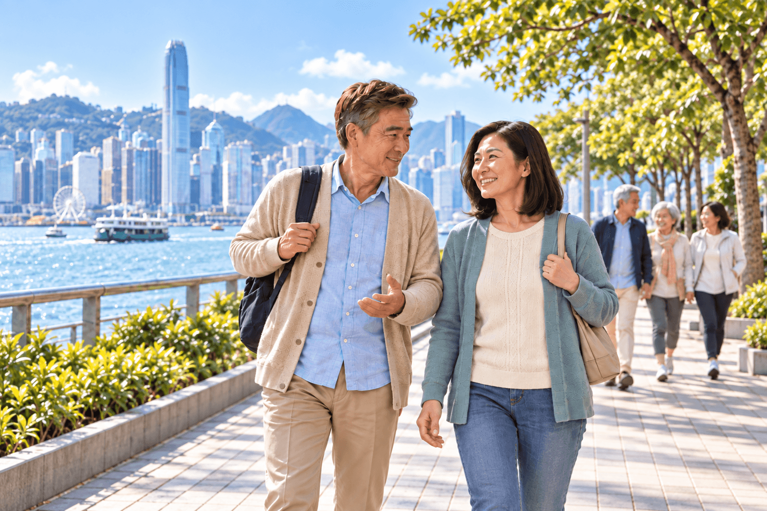 50+友會員與朋友在香港海旁公園享受健康生活